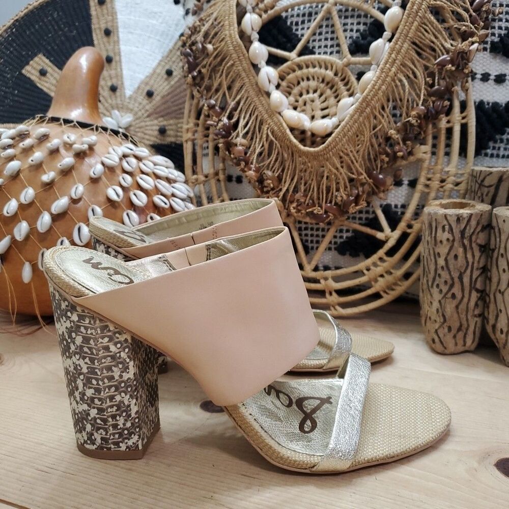 Sam Edelman Women's 10.5M/42 Yoselin Block Heels Sandals Leather Tan Gold Snake